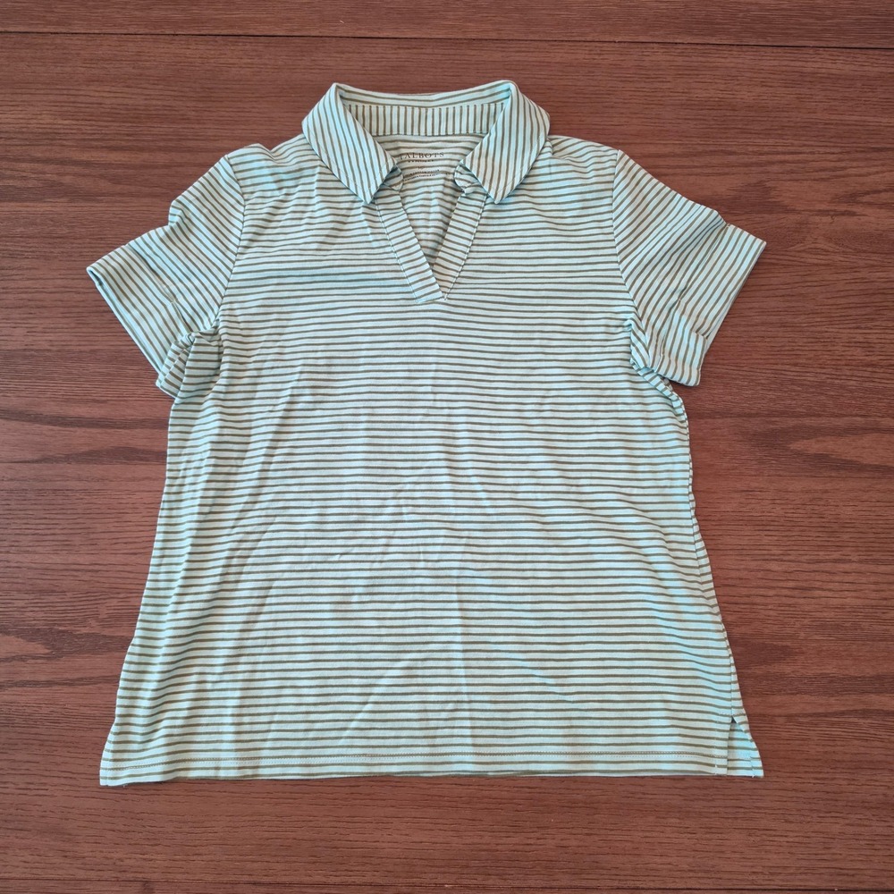 Talbots Petite Striped Polo Shirt Short Sleeve V-Neck Cotton Mint Green MP